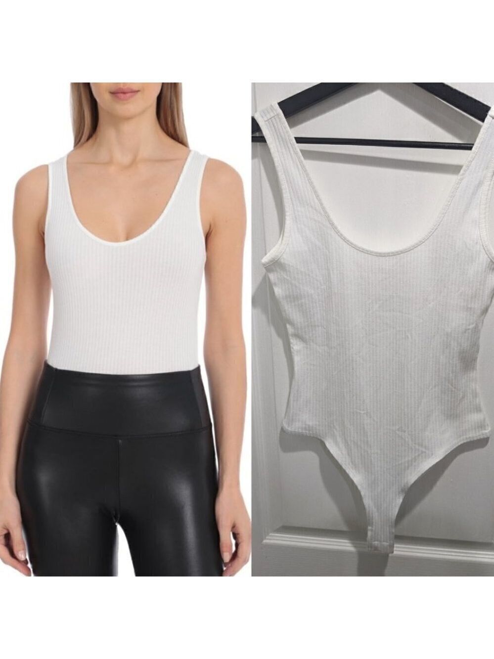 Avec Les Filles | Ribbed Scoop Neck Thong Bodysuit in White
